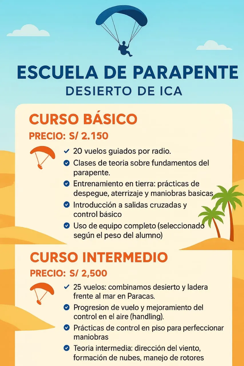 Afiche de la escuela de parapente del desierto de Ica con precios